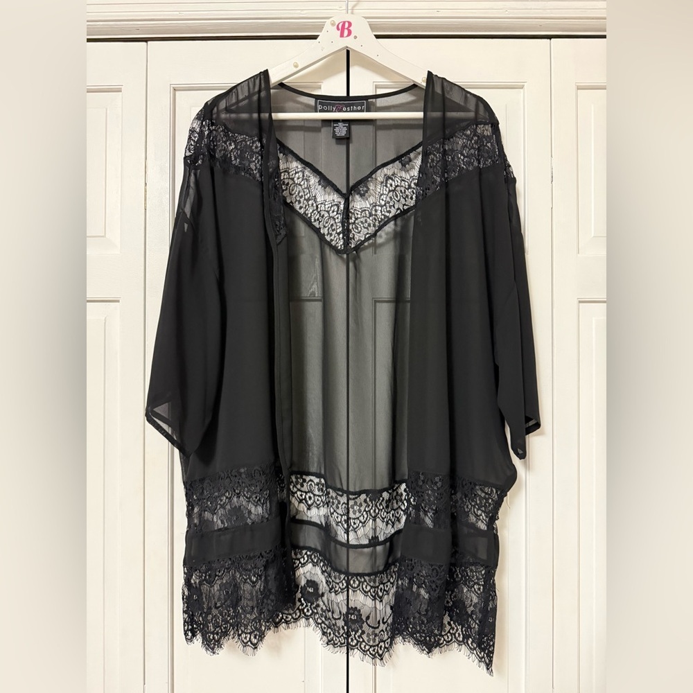 Polly & Esther Sheer Black Lace Robe Kimono Whimsigoth Festive Vamp Fairy Grunge